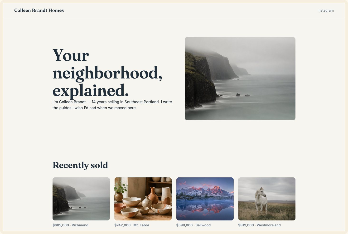 Snapshot of the Hearth theme — a real-estate local-guide site with sold gallery and valuation form