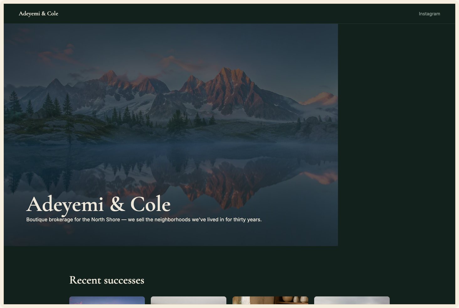 Snapshot of the Keys theme — an elegant dark-green real-estate portfolio with sold properties