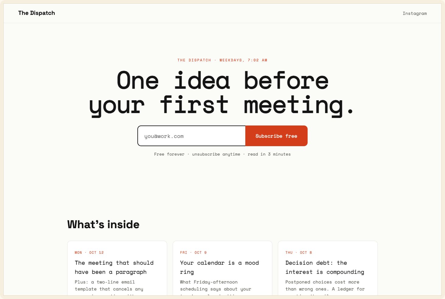 Snapshot of the Dispatch theme — a minimal newsletter page with a massive email input