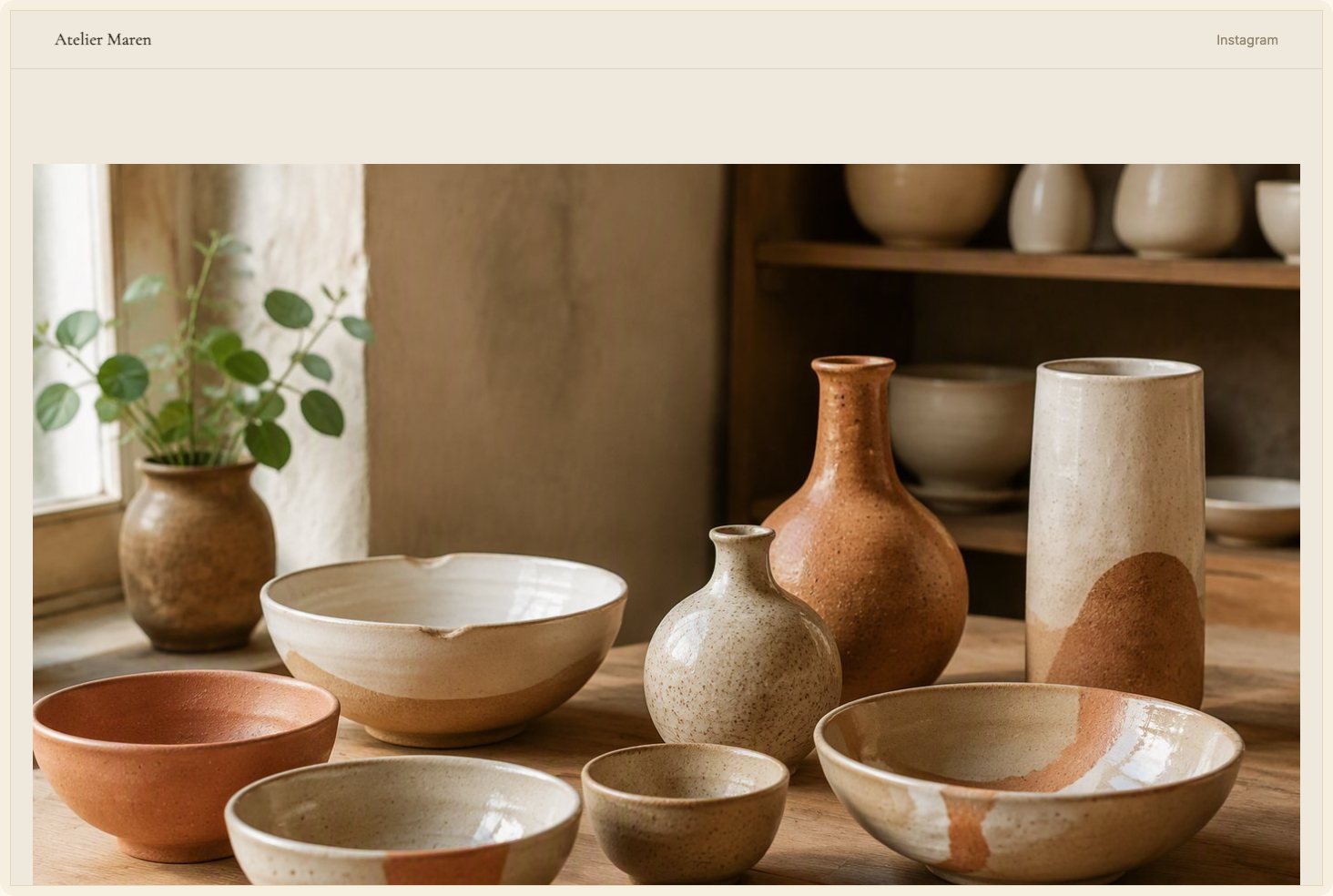 Snapshot of the Atelier theme — a quiet textile studio site in linen tones