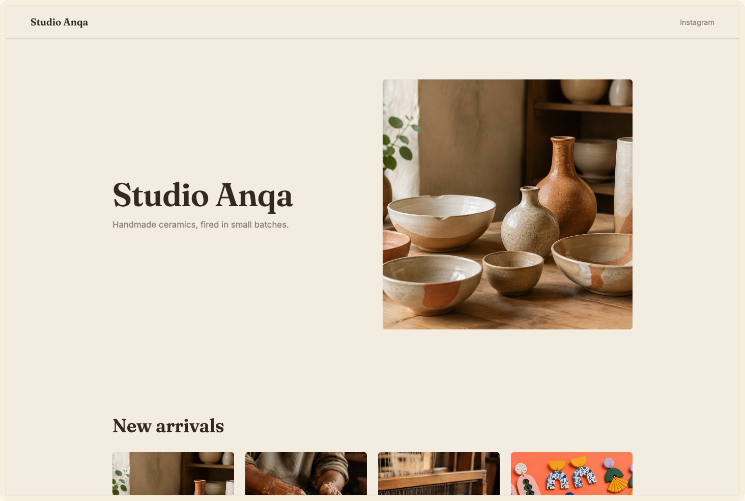 Snapshot of the Studio theme — a ceramics studio homepage in warm earth tones