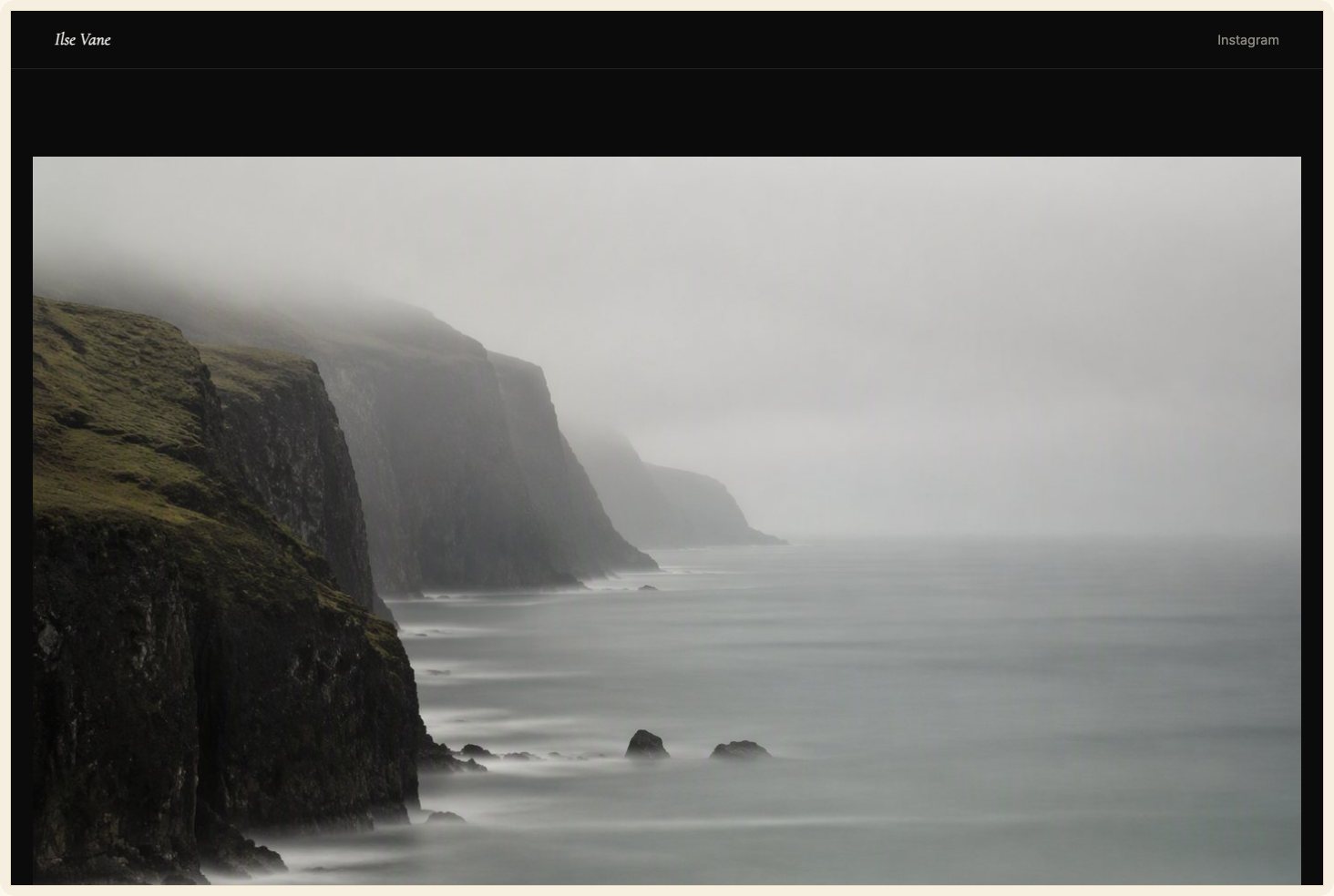 Snapshot of the Darkroom theme — a near-black portfolio with one dramatic portrait