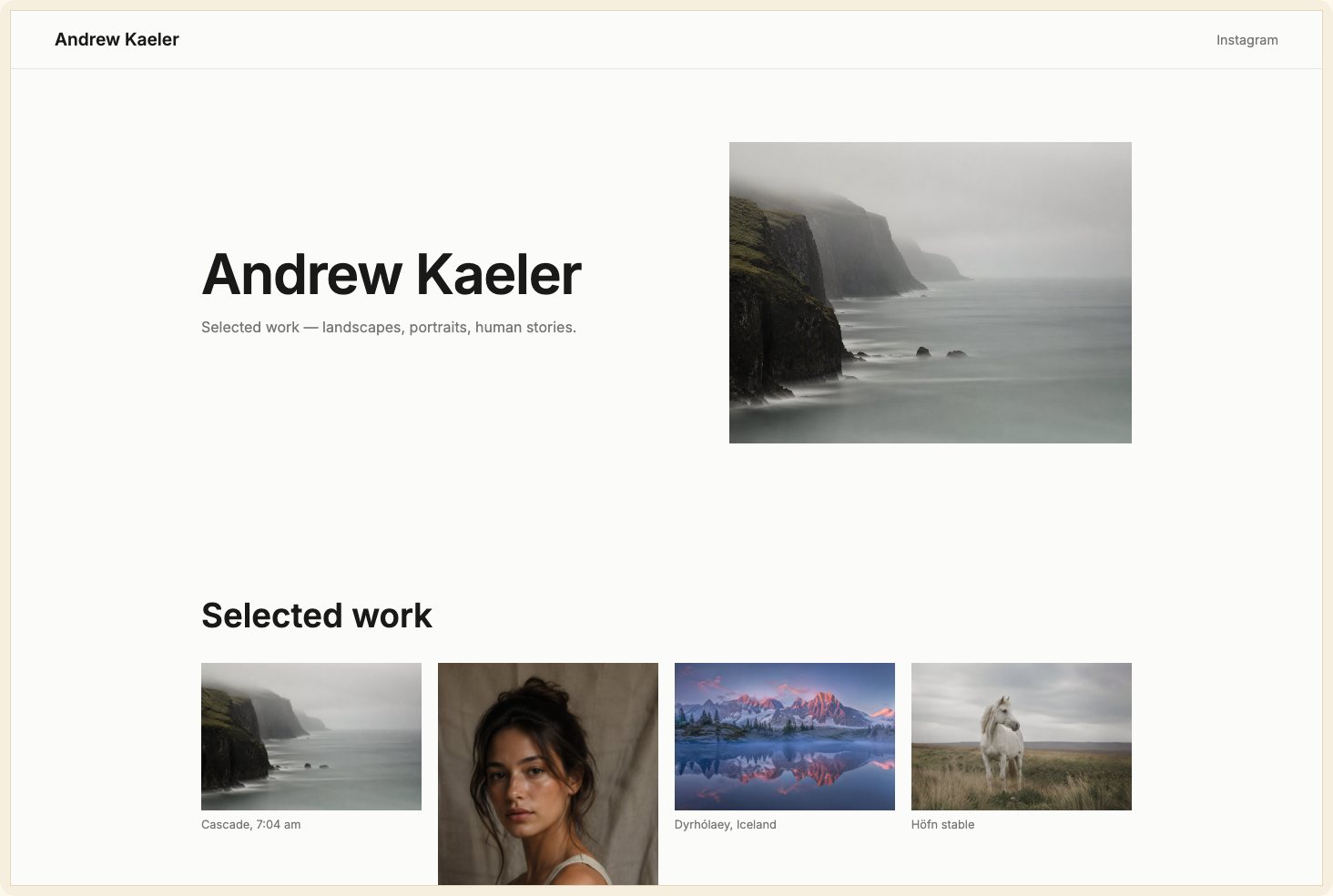 Snapshot of the Editorial theme — a light, minimal photography grid