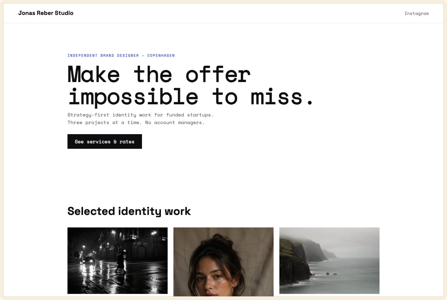 Snapshot of the Brief theme — a swiss-minimal consultancy site with service rows and rates