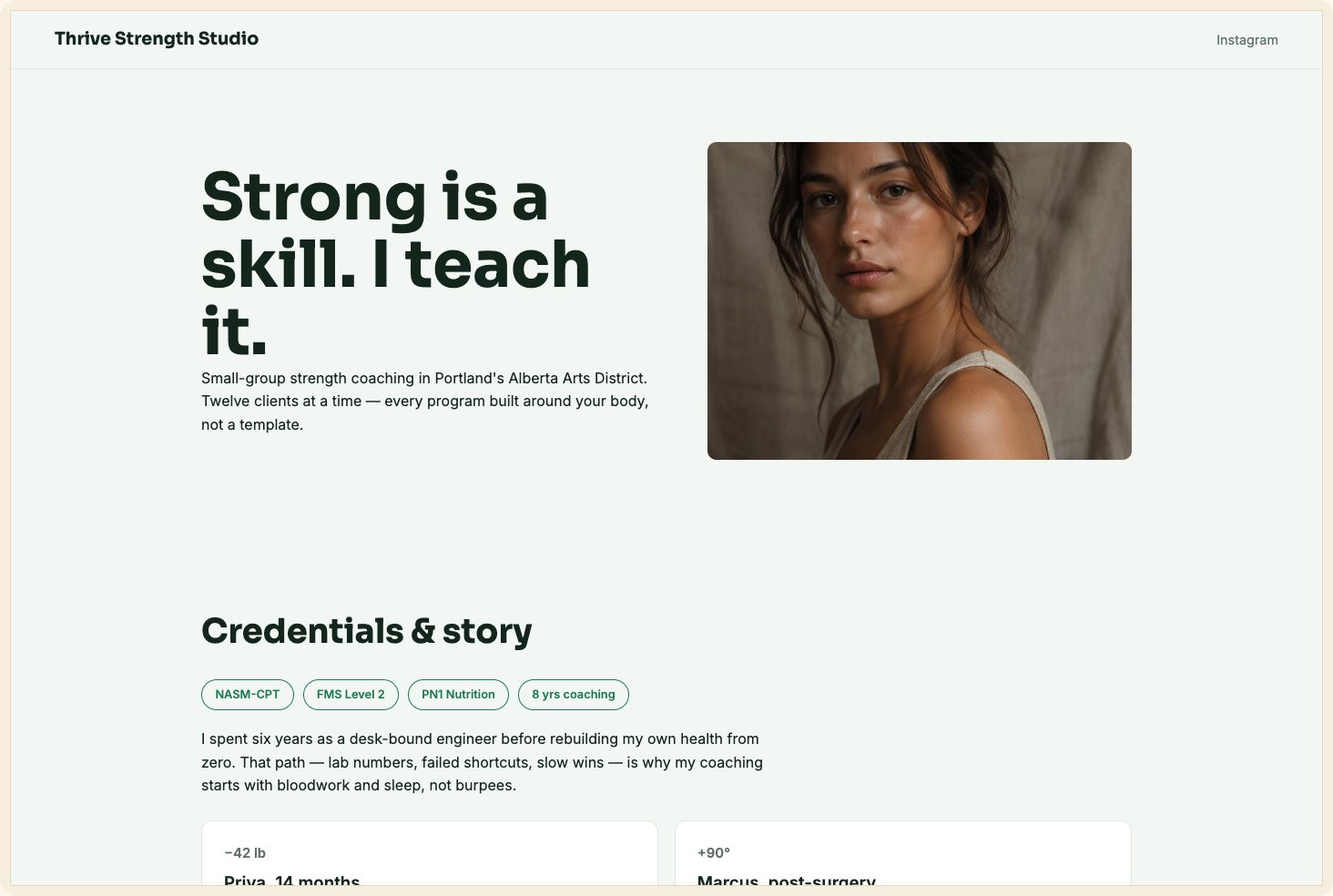 Snapshot of the Thrive theme — a personal-trainer site with schedule and request-a-spot form