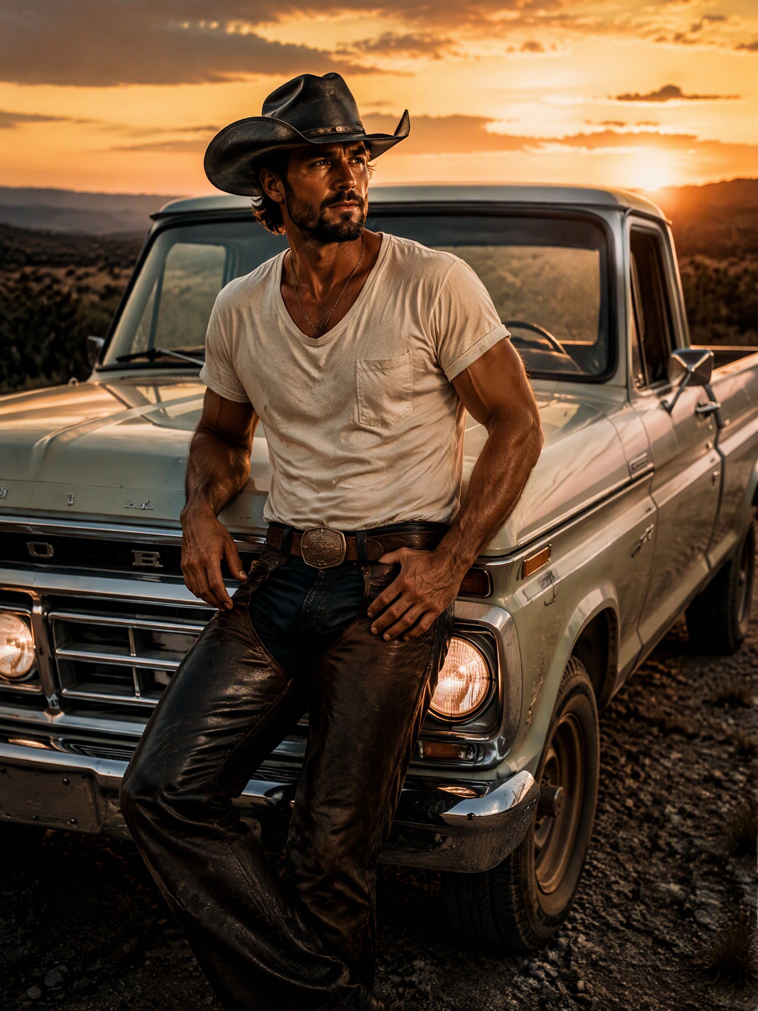 Wade Hollis in a white tee and leather chaps beside a vintage truck at dusk